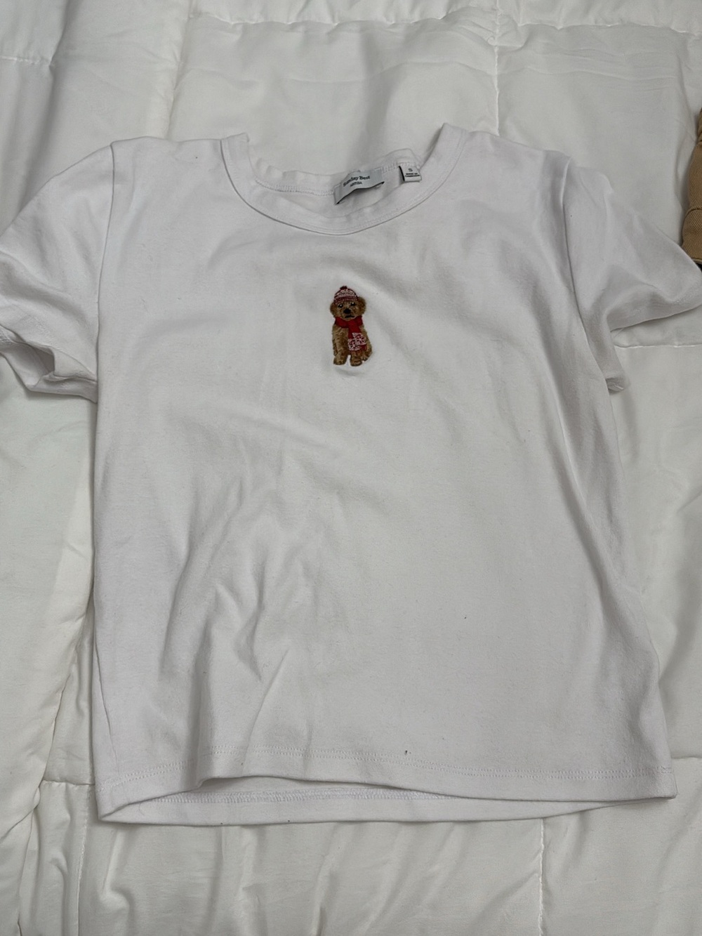 White Short Sleeve Tee with Embroidered Bear